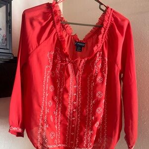 American Eagle Outfitters Women’s Coral Embroidered Peasant Blouse